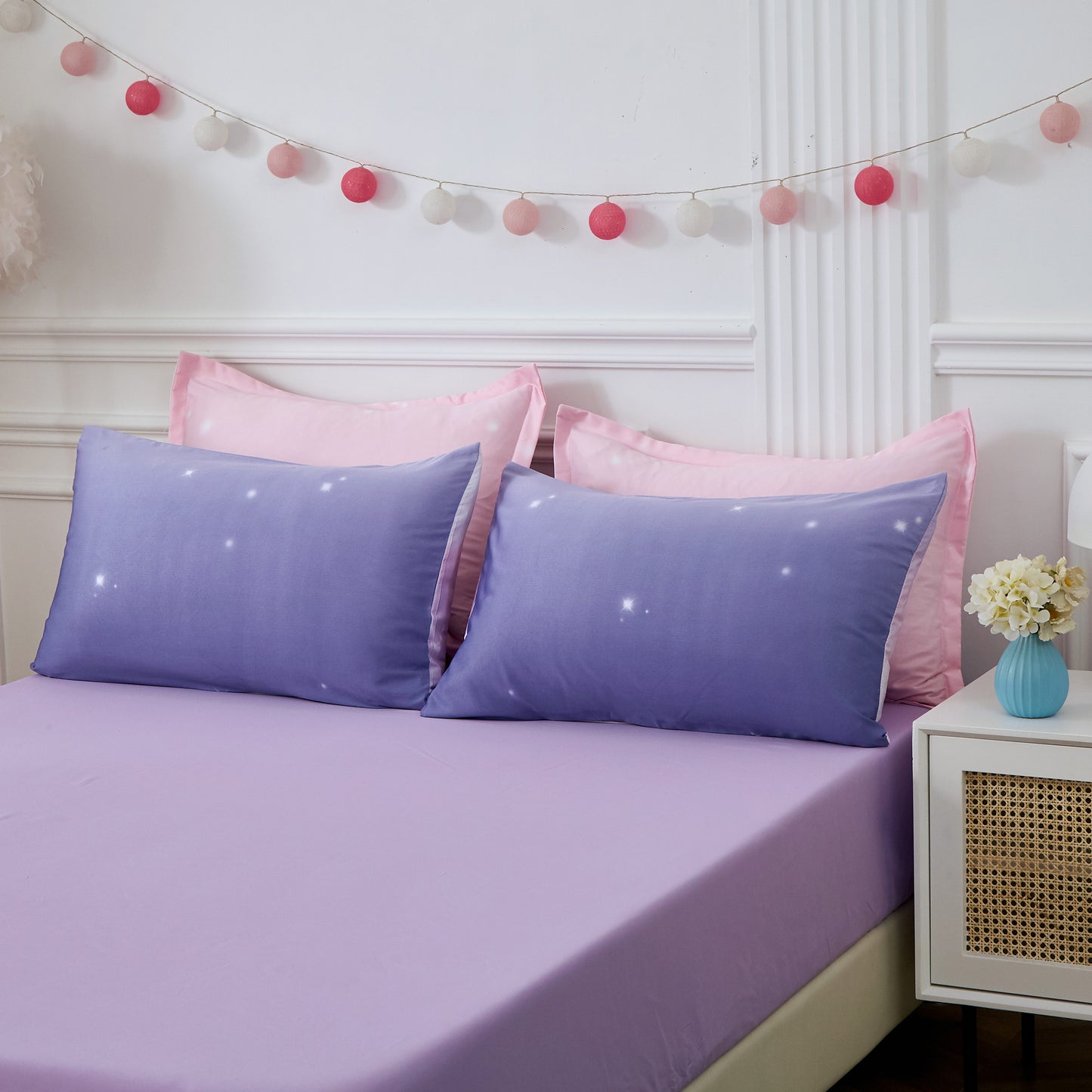 Pink Gradient Starry Sky 7 Pieces Comforter Set With 4 Pillows