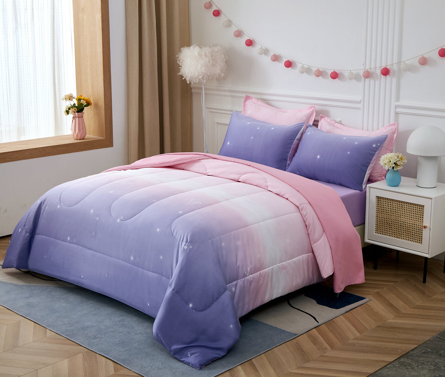 Pink Gradient Starry Sky 7 Pieces Comforter Set With 4 Pillows