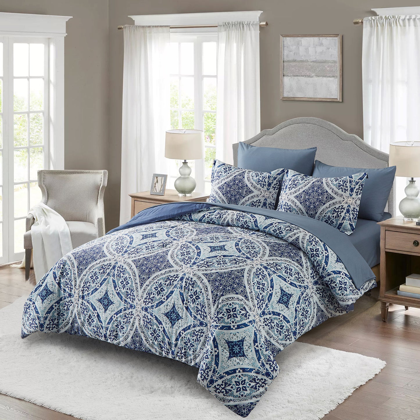 Blue Boho Queen Comforter Set 7 Pieces, Bohemian Bed in a Bag Queen Size with Comforter, Flat Sheet, Fitted Sheet, Pillowcases and Shams, All-Season Warm Bedding Set