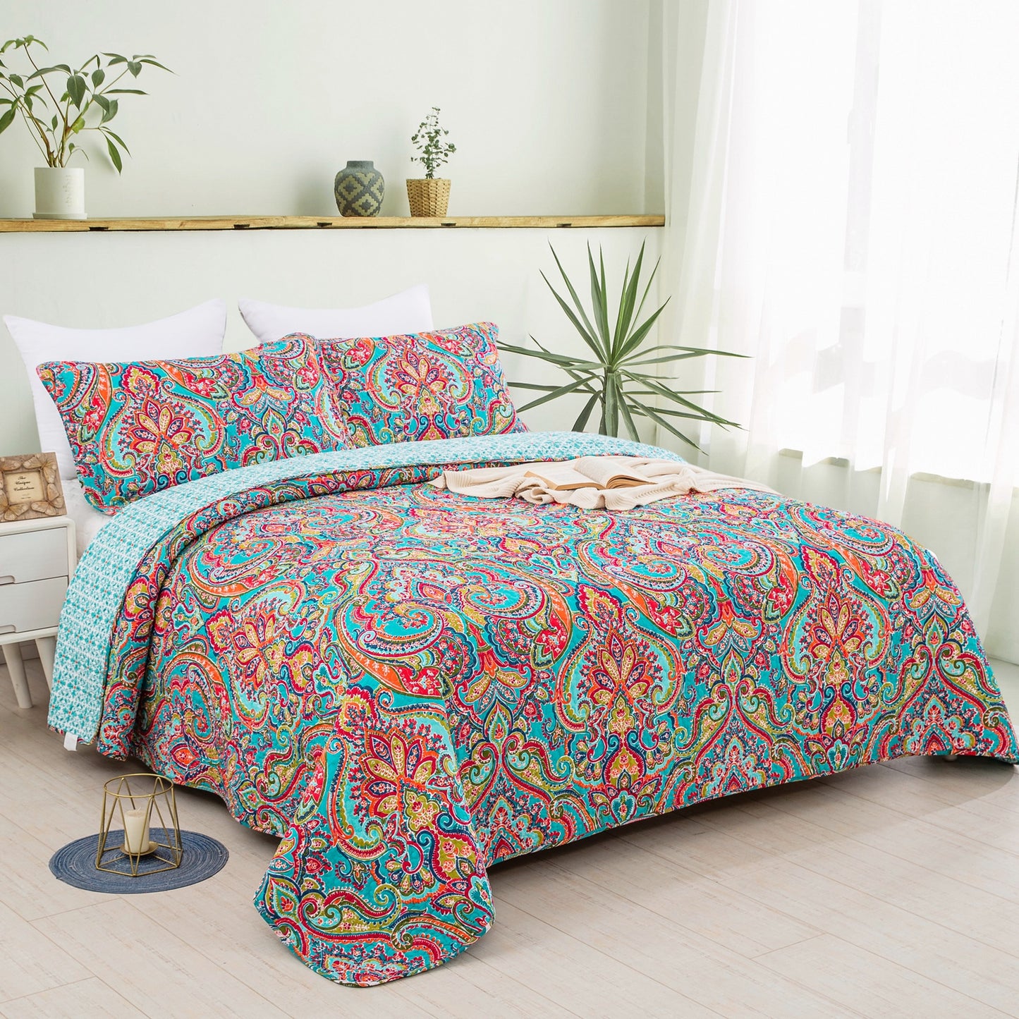Embroidered Bohemian 3 Pieces Boho Quilt Set with 2 Pillowcases