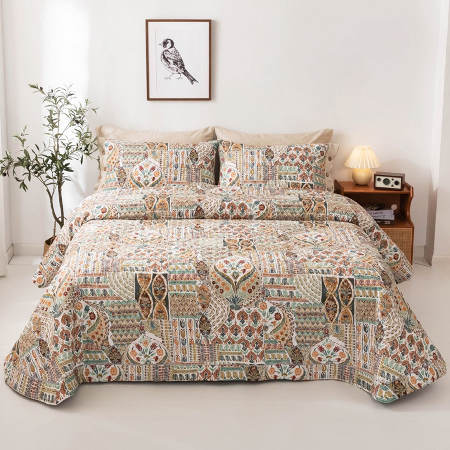 Pure Cotton Bohemian Style 3 Pieces Quilt Set with 2 Pillowcases