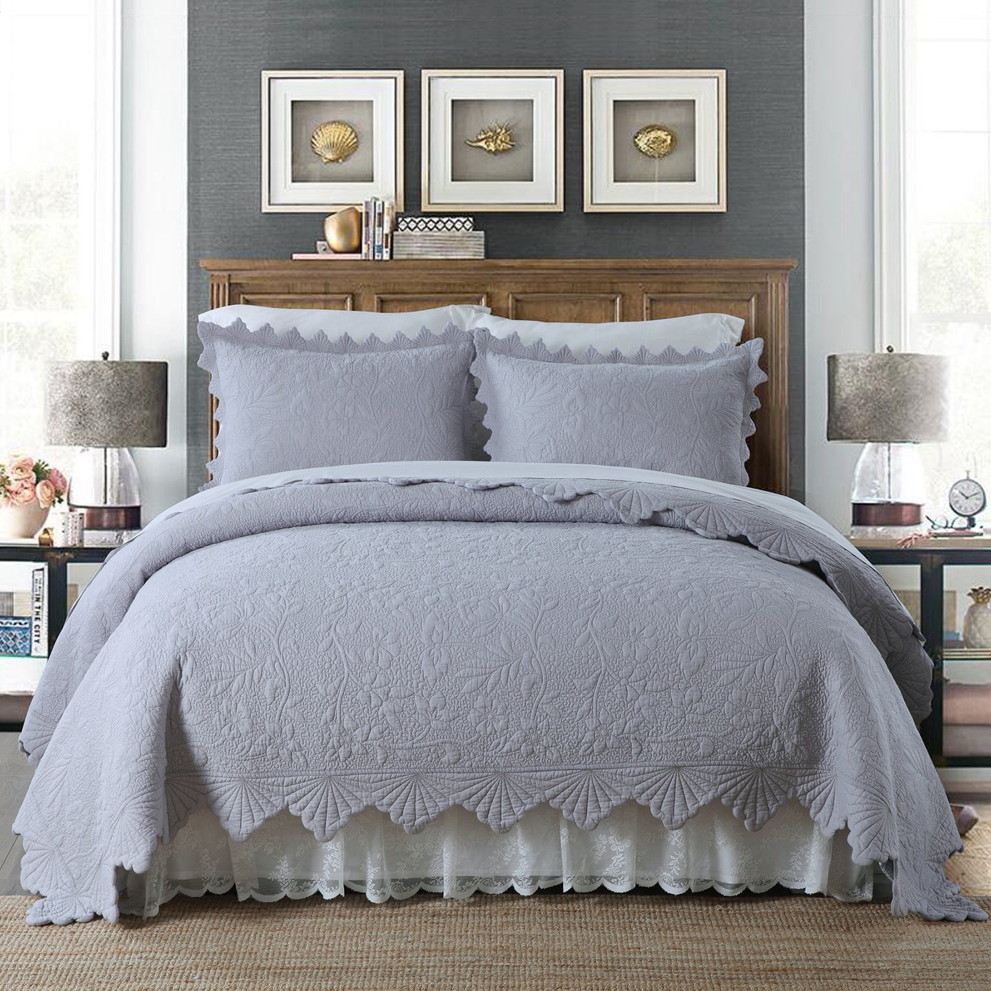 Pure Cotton Luxury Farmhouse Grey3 Pieces Quilt Set with 2 Pillowcases