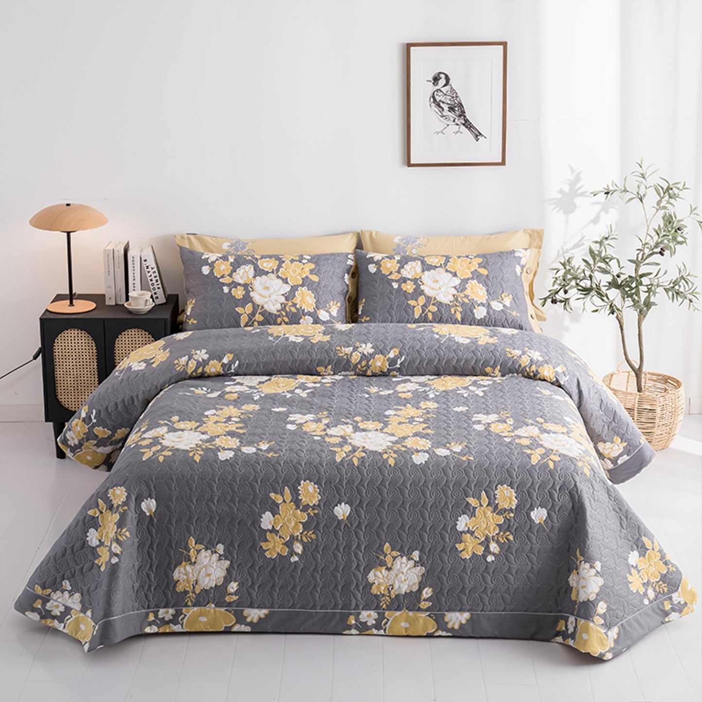 Yellow Embroidery Style 3 Pieces Boho Quilt Set with 2 Pillowcases