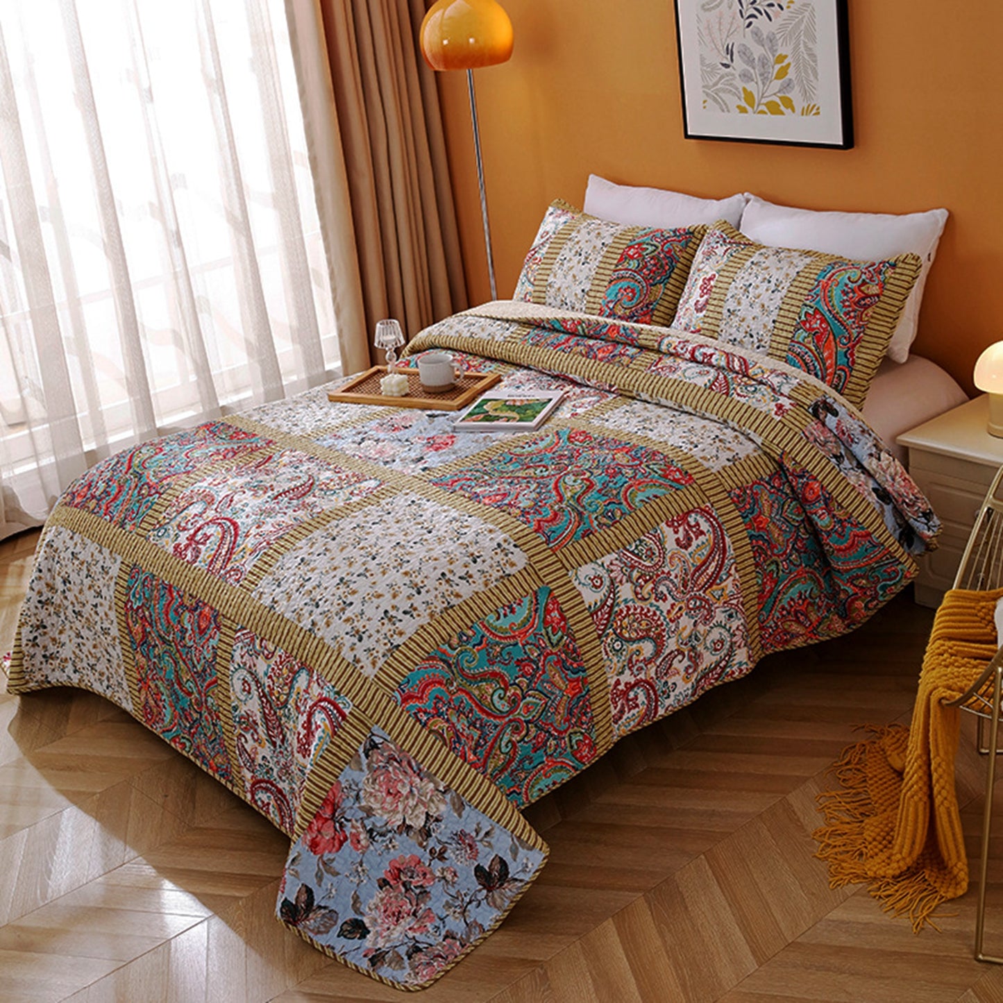 Hand Quilted Stitching Bohemian 3 Pieces Boho Quilt Set with 2 Pillowcases
