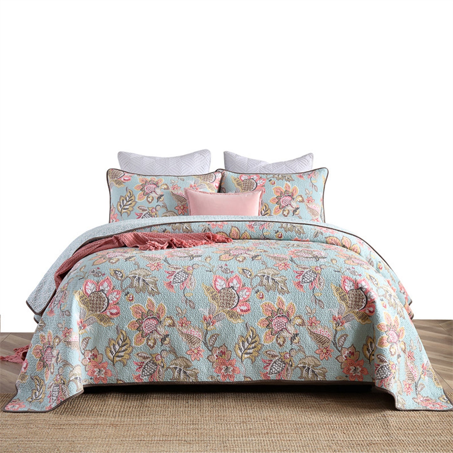 Flower Design Pure Cotton 3 Pieces Quilt Set with 2 Pillowcases