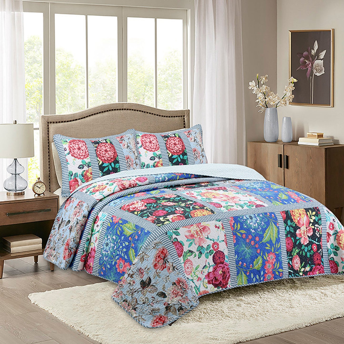 Pure Cotton Floral Splicing Bohemian 3 Pieces Quilt Set with 2 Pillowcases