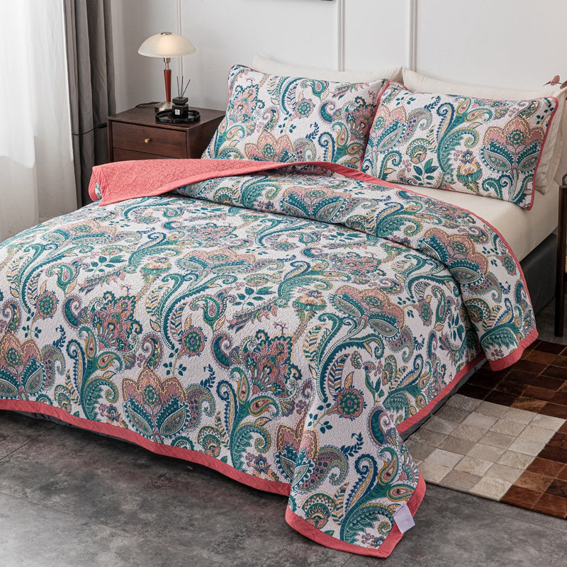 Pure Cotton Cyan Floral Pattern 3 Pieces Quilt Set with 2 Pillowcases