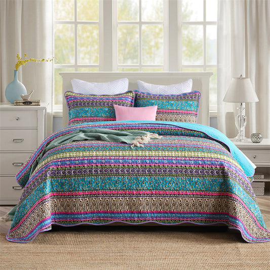 Pure Cotton Striped Jacquard Style Patchwork 3 Pieces Quilt Set with 2 Pillowcases