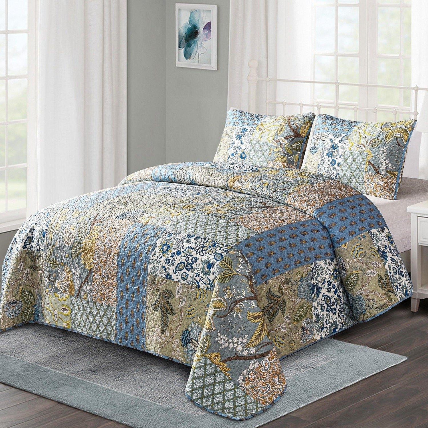 Bohemian floral stitching 3 Pieces Boho Quilt Set Coverlet with 2 Pillowcases - Wongs bedding