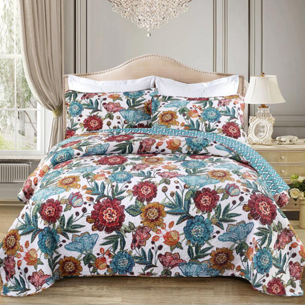Pure Cotton Tricolor Flower Pattern 3 Pieces Quilt Set with 2 Pillowcases