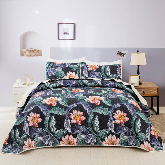 Floral Pattern 3 Pieces Quilt Set Coverlet with 2 Pillowcases