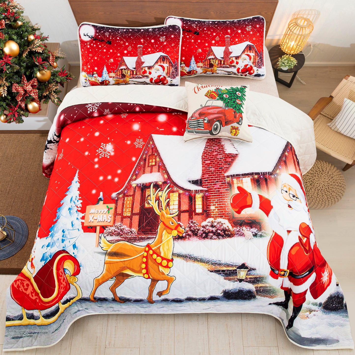 Santa Claus Christmas Style Quilt Set with 2 Pillowcases