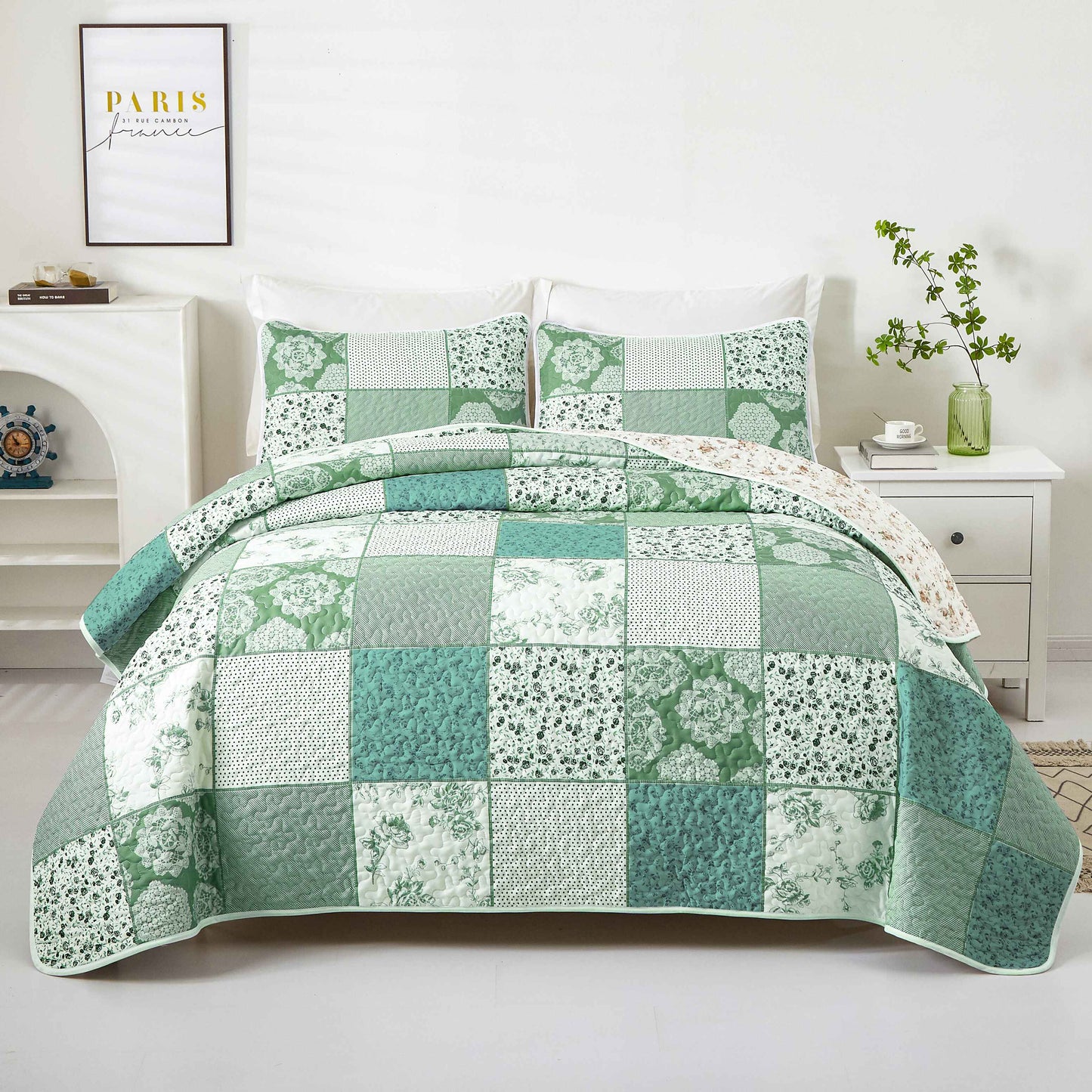 Wongs Bedding Patchwork Floral 3 Pieces Quilt Set With 2 Pillowcases