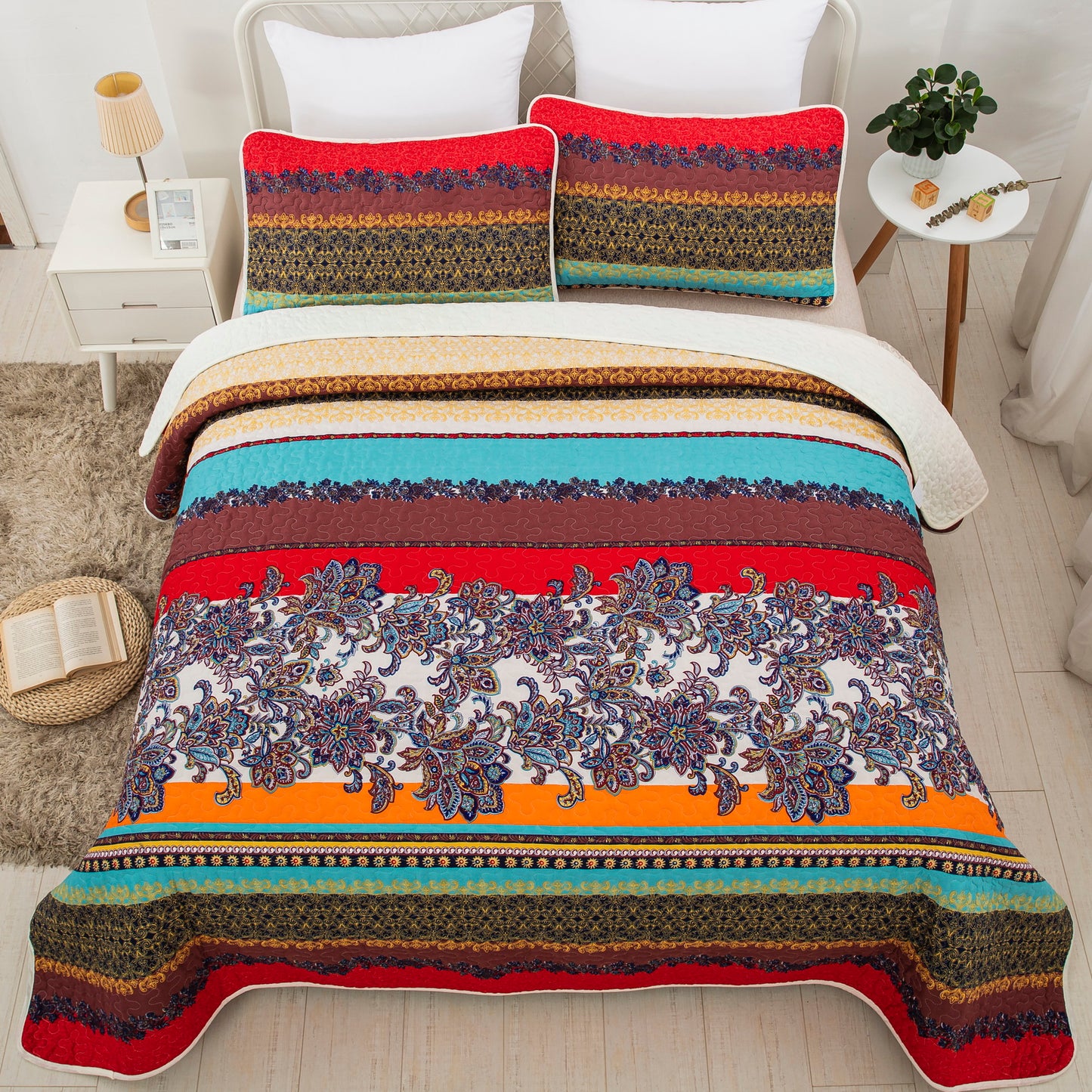Bohemian 3 Pieces Boho Quilt Set with 2 Pillowcases