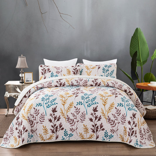 Colorful Plant Pattern 3 Pieces Quilt Set Coverlet with 2 Pillowcases