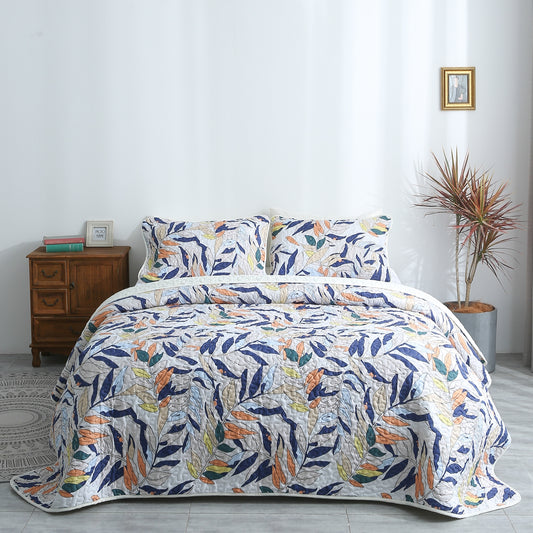 Blue Floral Pattern 3 Pieces Quilt Set with 2 Pillowcases