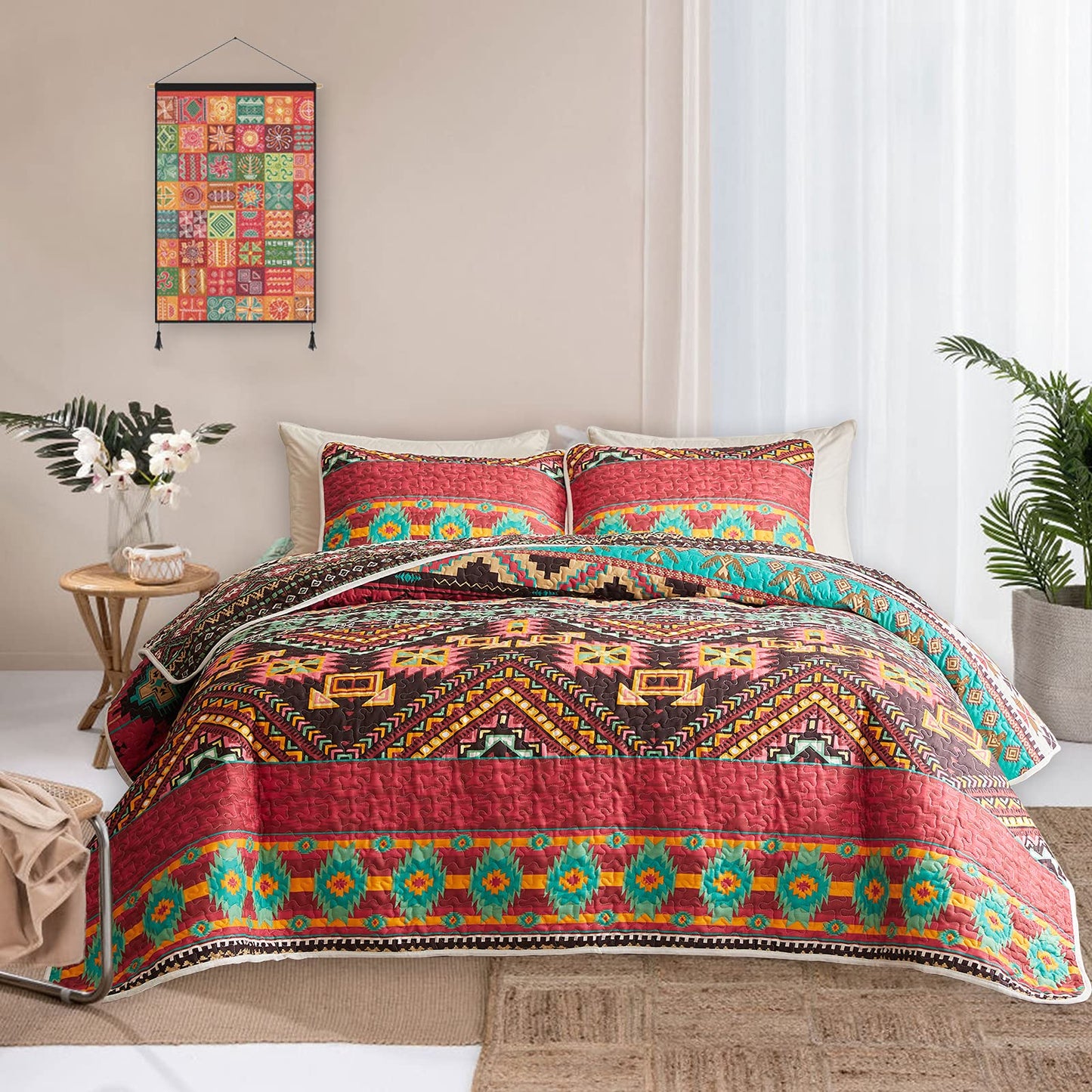 Red Bohemian Stripes 3 Pieces Quilt Set with 2 Pillowcases