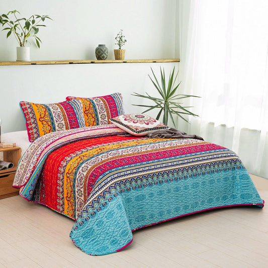 Bohemian style 3 Pieces Boho Quilt Set Coverlet with 2 Pillowcases - Wongs bedding