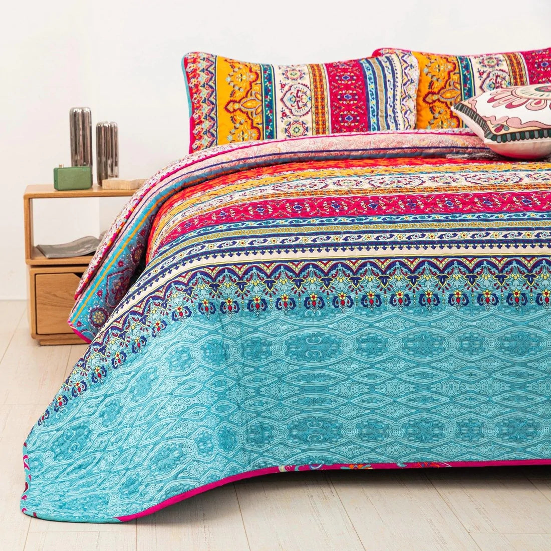 Bohemian Quilt Set Purple Stripe Boho Durable Coverlet 3 Pieces Breathable Bedspread with 2 Pillowcases