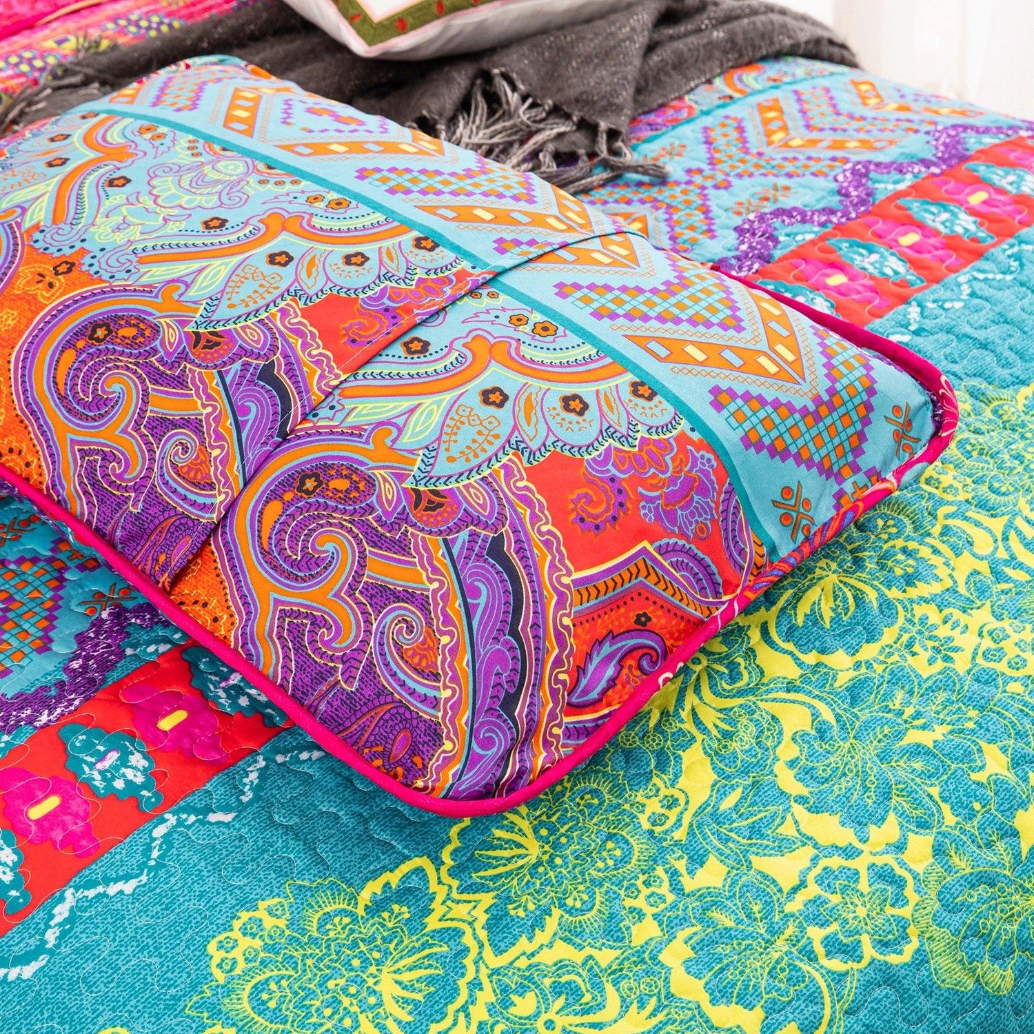Bohemian design 3 Pieces Boho Quilt Set Coverlet with 2 Pillowcases - Wongs bedding