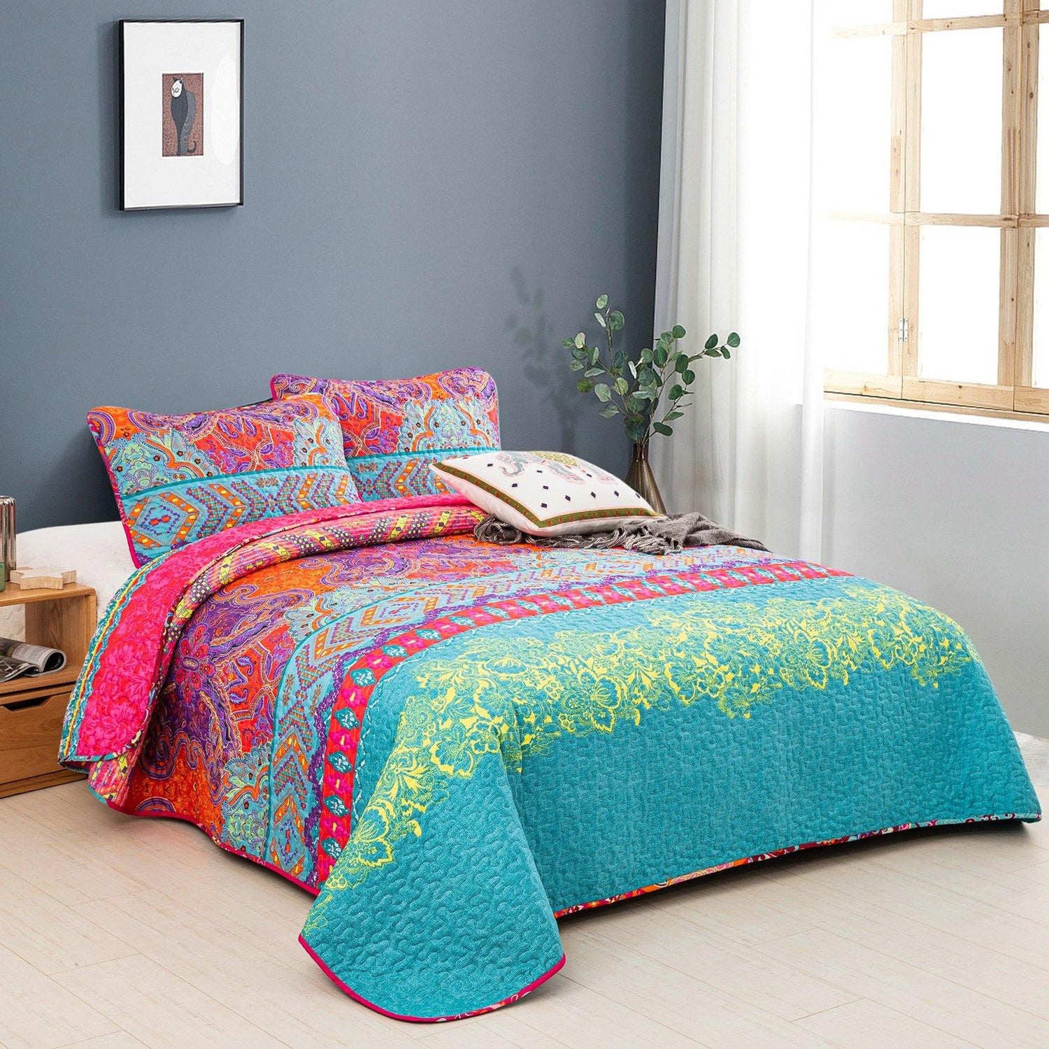 Bohemian design 3 Pieces Boho Quilt Set Coverlet with 2 Pillowcases - Wongs bedding