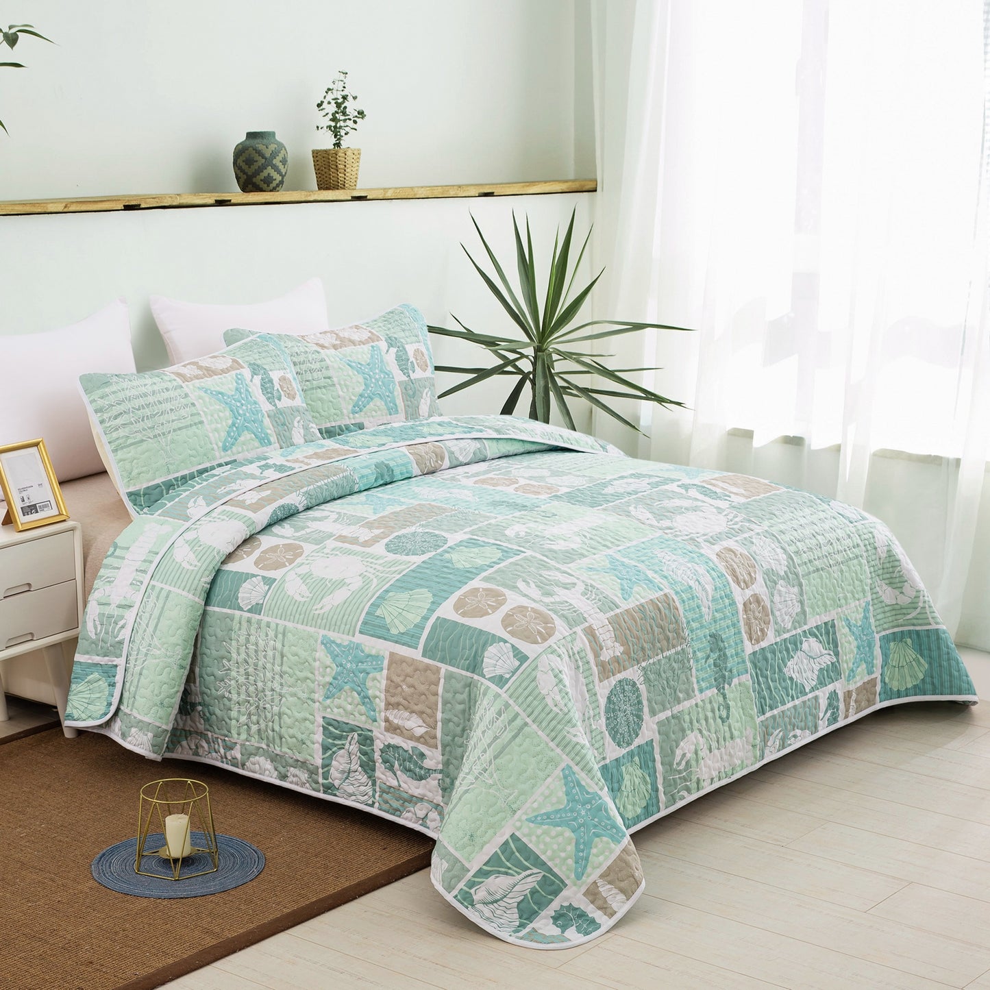 Coastal Quilt Set Seashell Beach Theme Bedspread 3 Pieces Quilt Set with 2 Pillowcases
