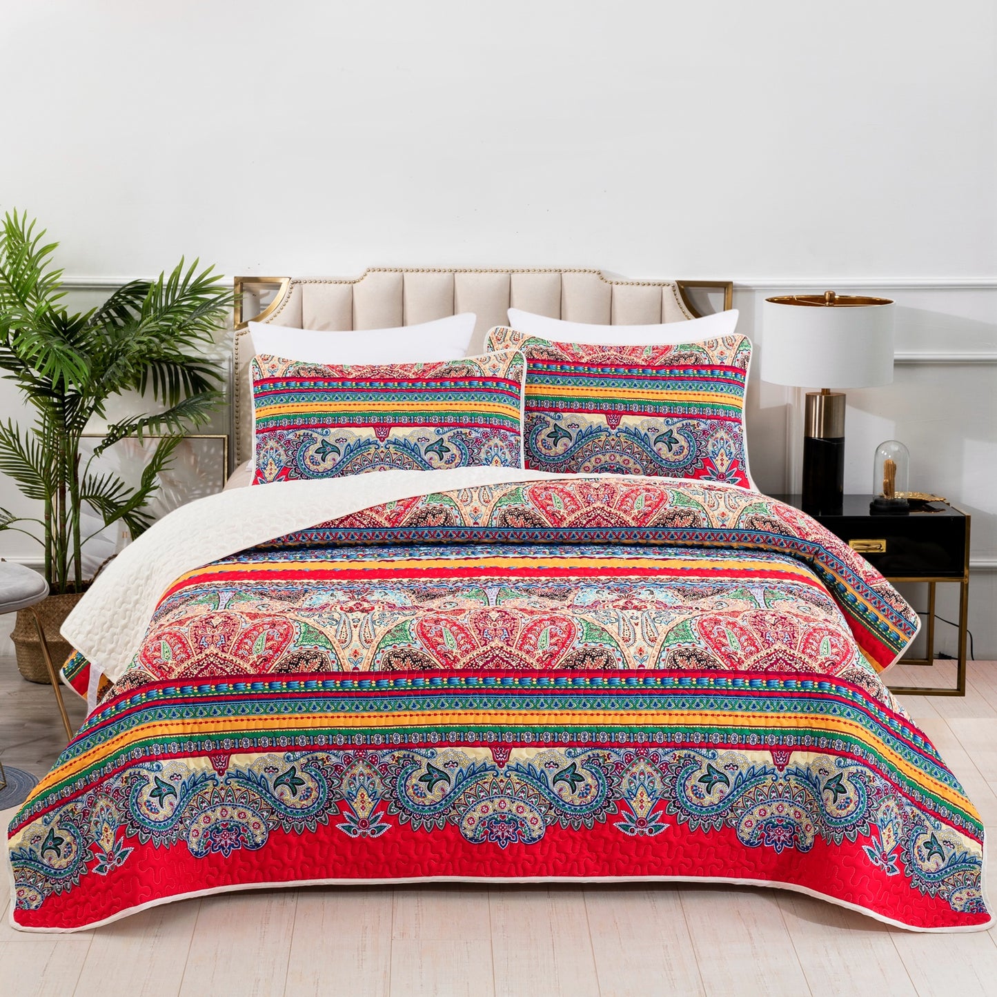 Wongs Bedding Red Bohemian 3 Pieces Quilt Set with 2 Pillowcases