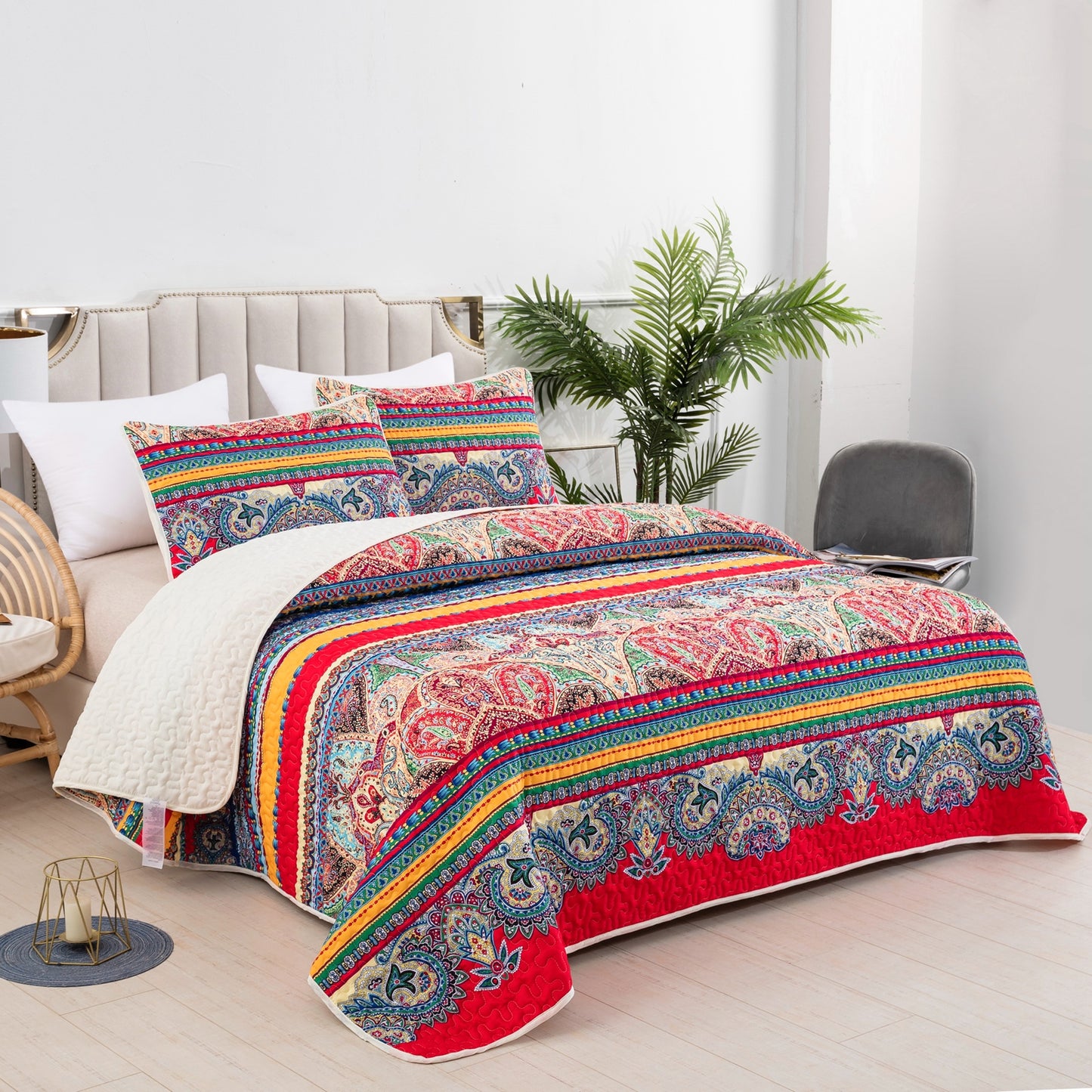 Wongs Bedding Red Bohemian 3 Pieces Quilt Set with 2 Pillowcases