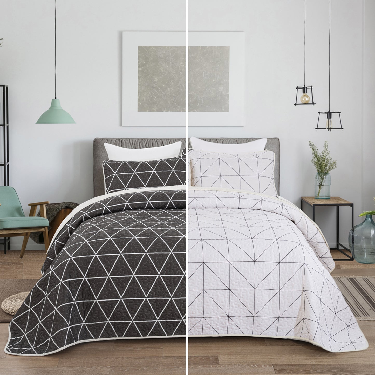 Black And White Double-sidedt 3 Pieces Quilt Set Coverlet with 2 Pillowcases