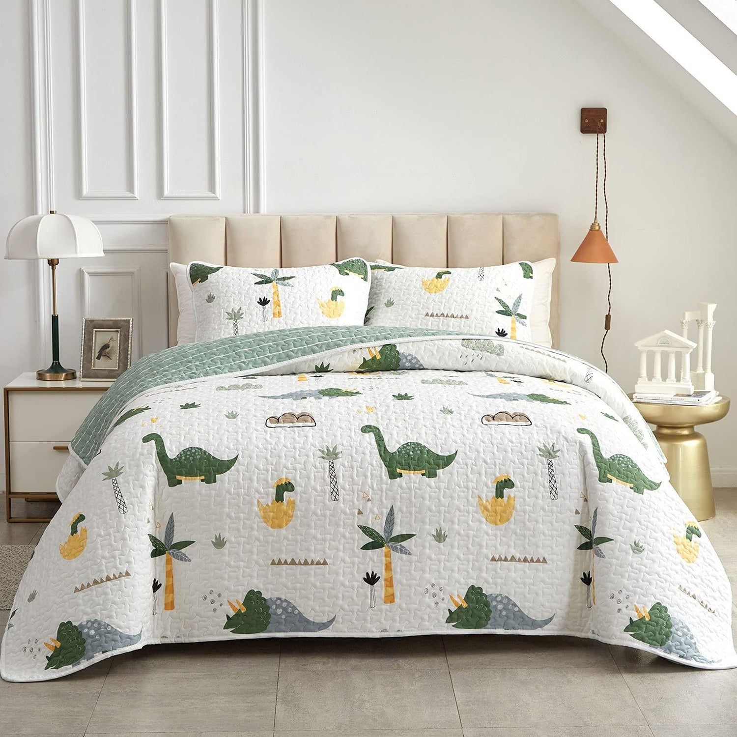 Little Dinosaur Pattern 3 Pieces Quilt Set Coverlet with 2 Pillowcases - Wongs bedding