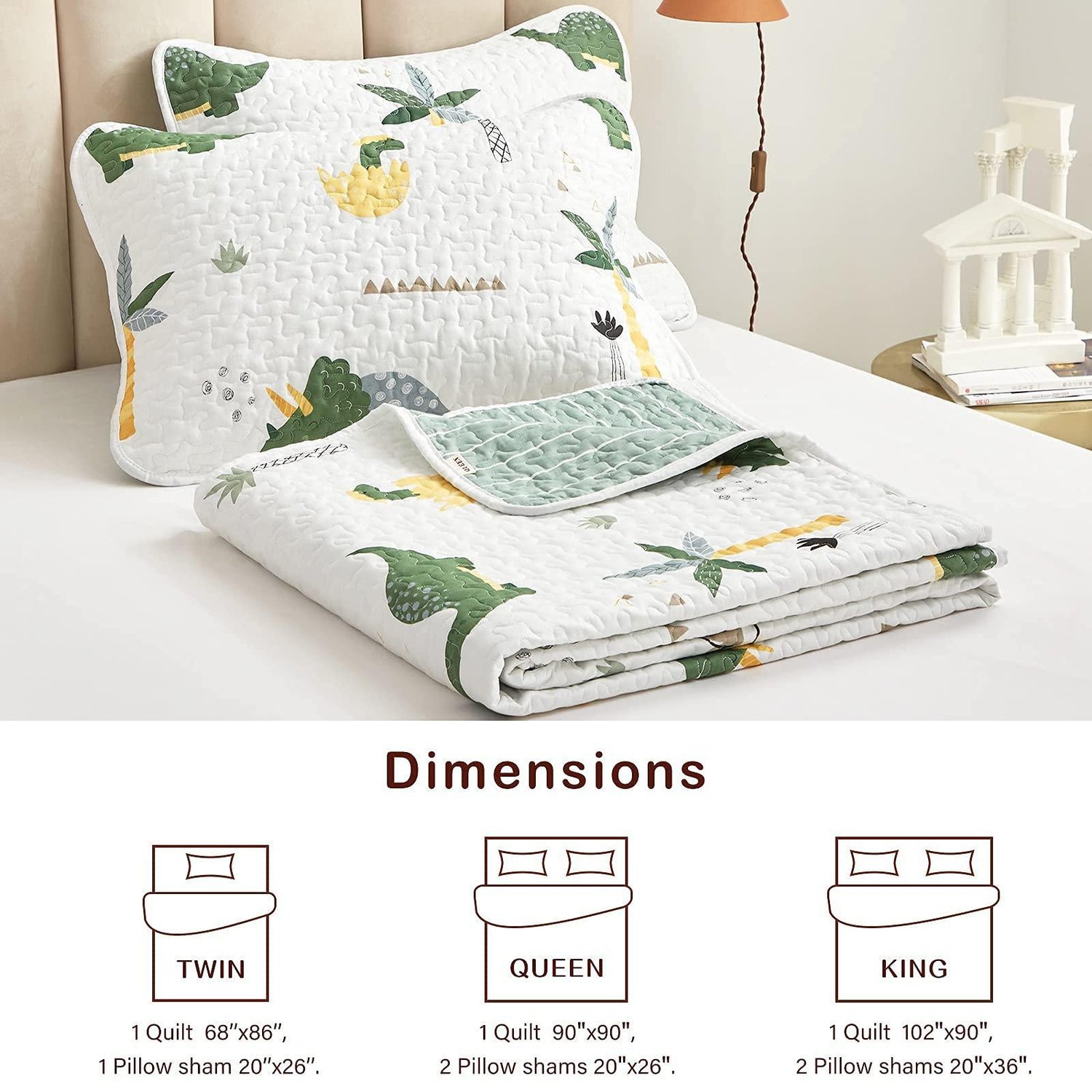 Little Dinosaur Pattern 3 Pieces Quilt Set Coverlet with 2 Pillowcases - Wongs bedding