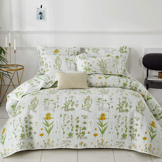 Yellow Flowers Green Leaves Botanical Design 3 Pieces Reversible Quilt Set with 2 Pillowcases