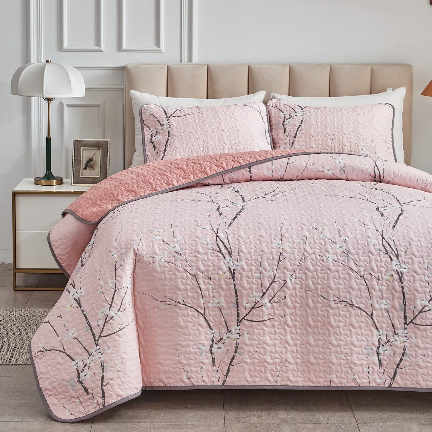 Pink Romantic Cherry Blossom 3 Pieces Quilt Set with 2 Pillowcases