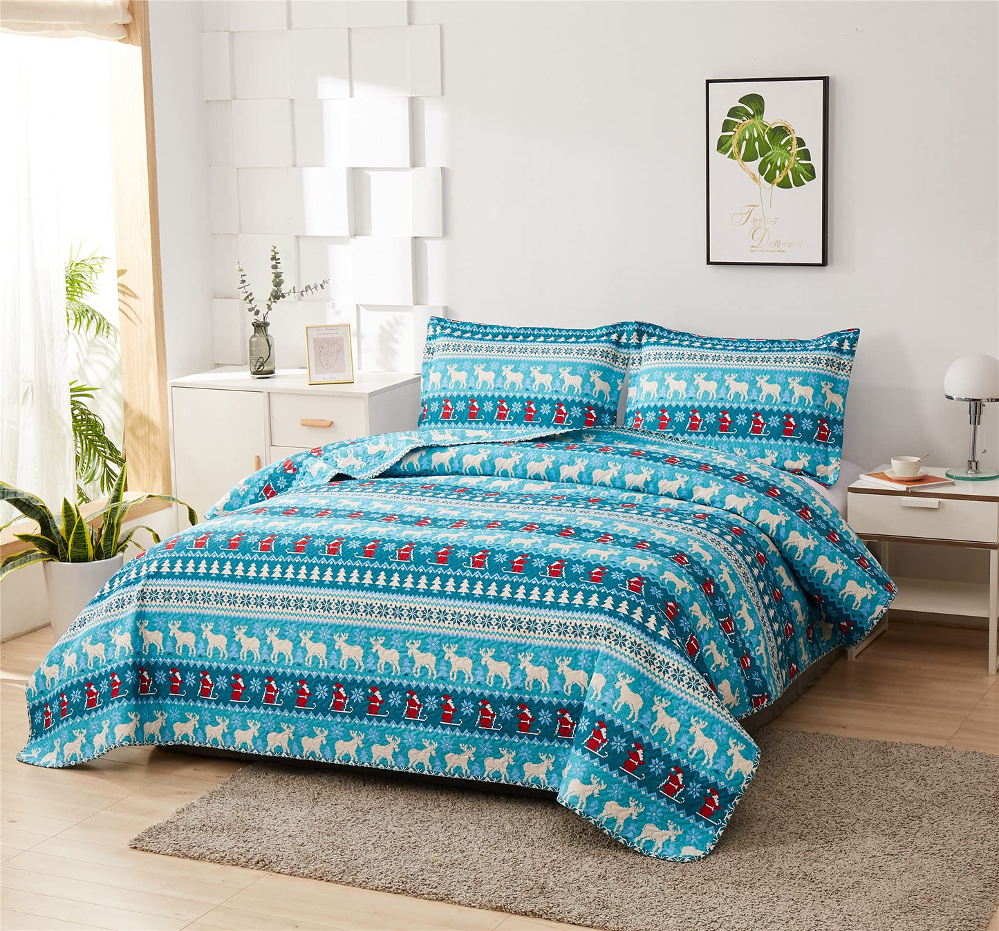 Christmas Series Cyan Deer Christmas Tree Pattern Summer 3 Pieces Bedding Set with 2 Pillow Shams