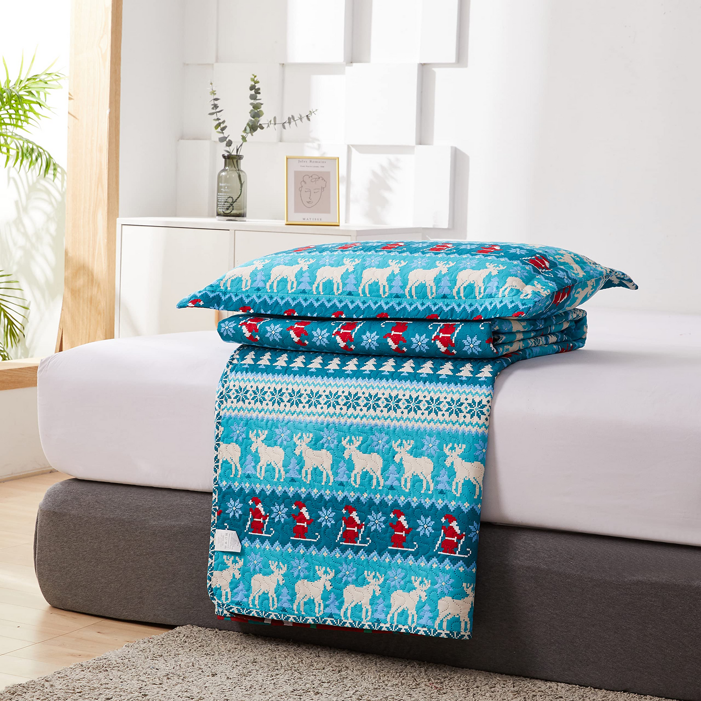 Christmas Series Cyan Deer Christmas Tree Pattern Summer 3 Pieces Bedding Set with 2 Pillow Shams