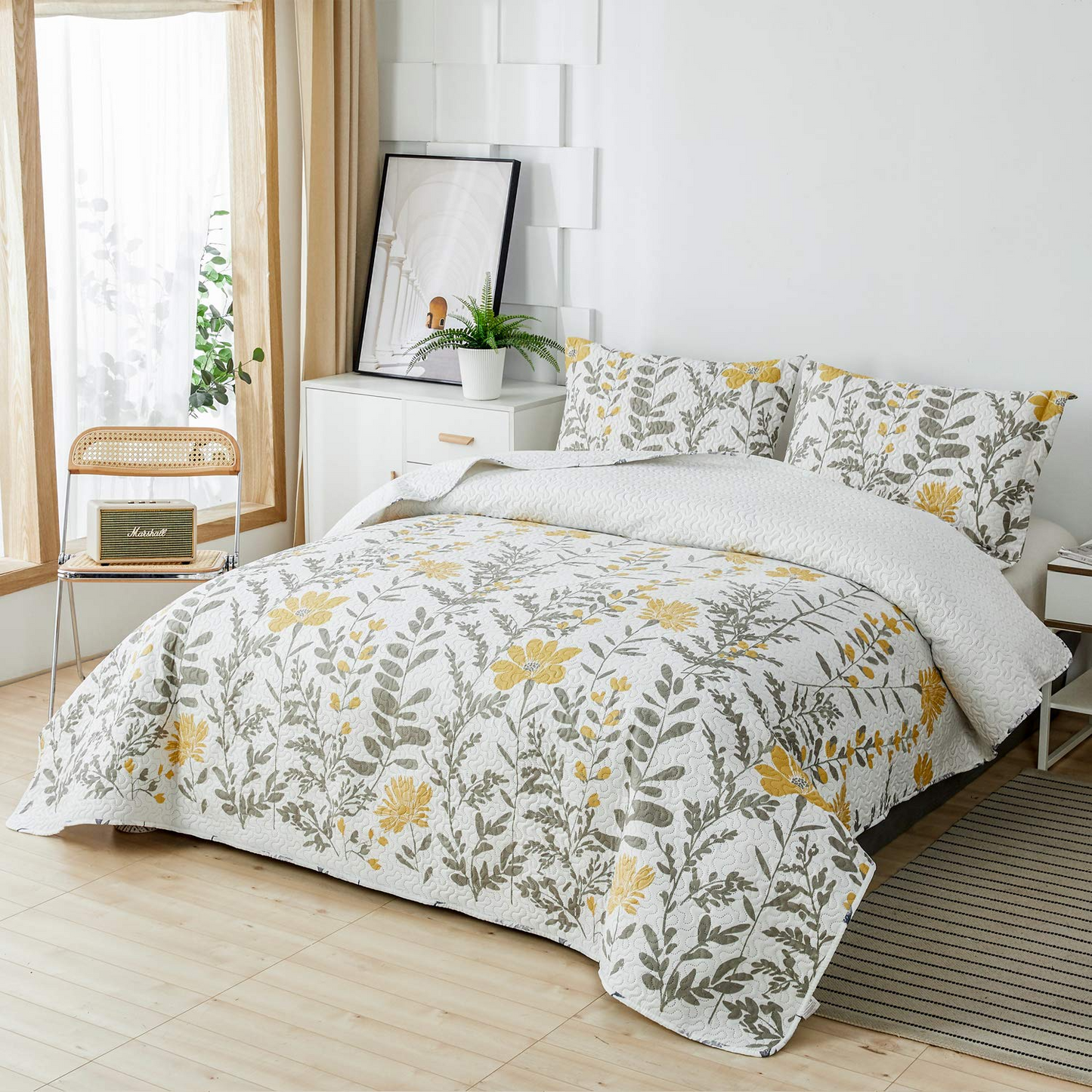 Yellow Flowers Quilt Set 3 Pieces Botanical Reversible Coverletes Set with 2 Pillowcases