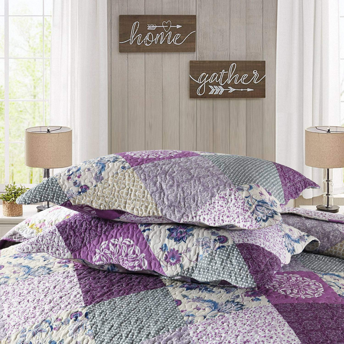 Purple Stitching Bohemian Style 3 Pieces Quilt Set with 2 Pillowcases