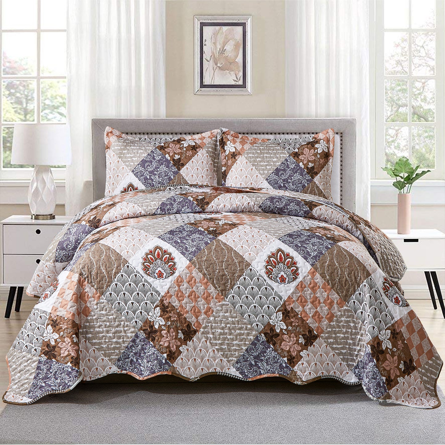 Colorful Floral Lattice Stitching 3 Pieces Quilt Set with 2 Pillowcases