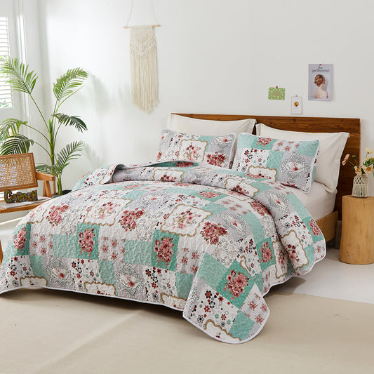 Wongs Bedding Green Flower Stitching 3 Pieces Quilt Set With 2 Pillowcases