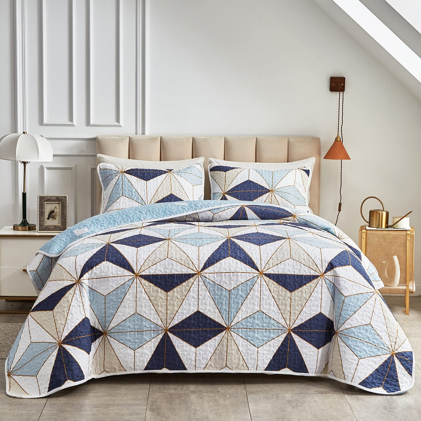 Blue Geometric Pattern Duvet Cover 4 Pieces Set With 2 Pillowcases