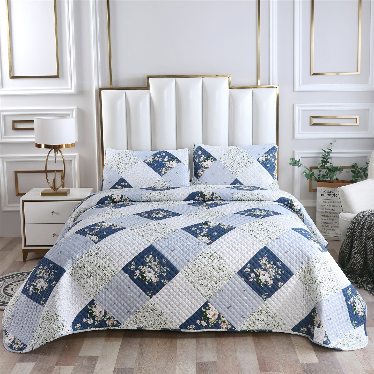 White and Blue Stitching 3 Pieces Quilt Set with 2 Pillowcases