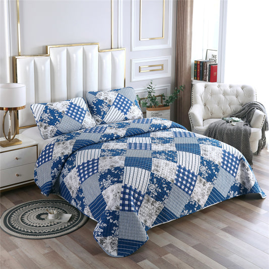Blue Line Lattice Flower Splicing 3 Pieces Quilt Set with 2 Pillowcases