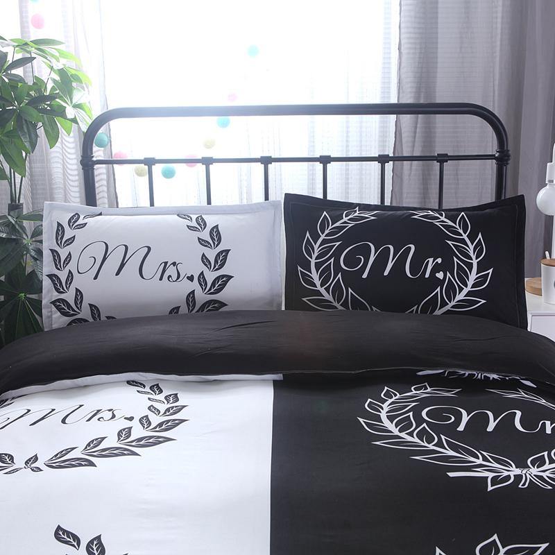 Black and white bedding for Mr. and Mrs., suitable for couples wedding/Valentine’s day gift duvet cover pillowcase - Wongs bedding