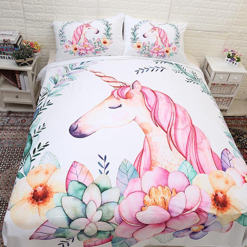 Beauty Cartoon Wreath with Unicorn Bedding Set 3Pcs Home Decor Girls/Boys Bedclothes - Wongs bedding