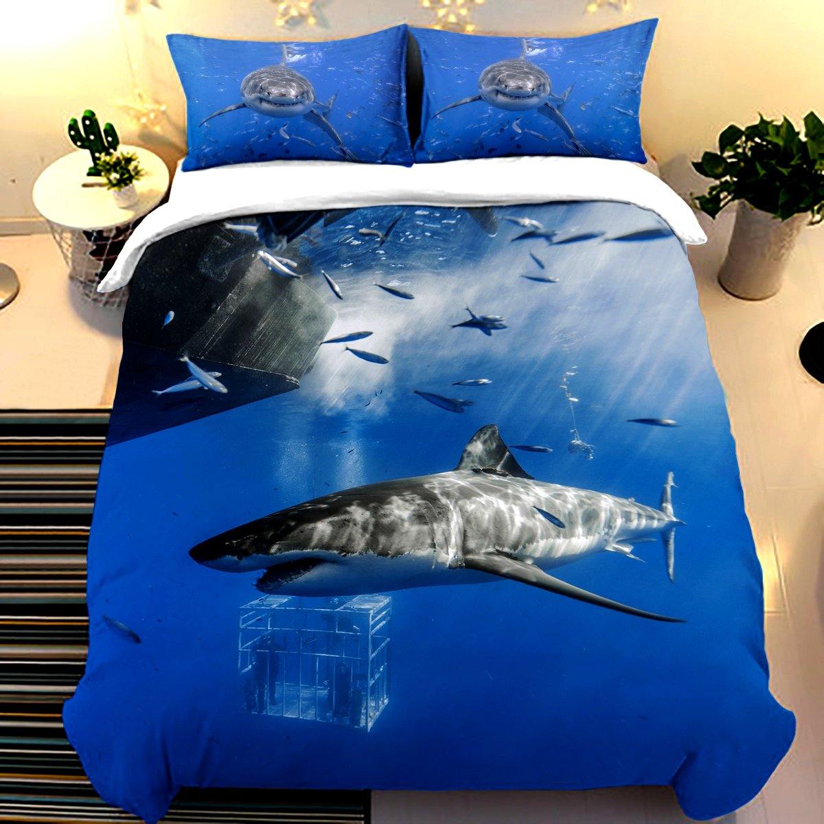 WongsBedding 3Pcs Sea Worlds Shark Duvet Cover Blue Bedding Set - Wongs bedding