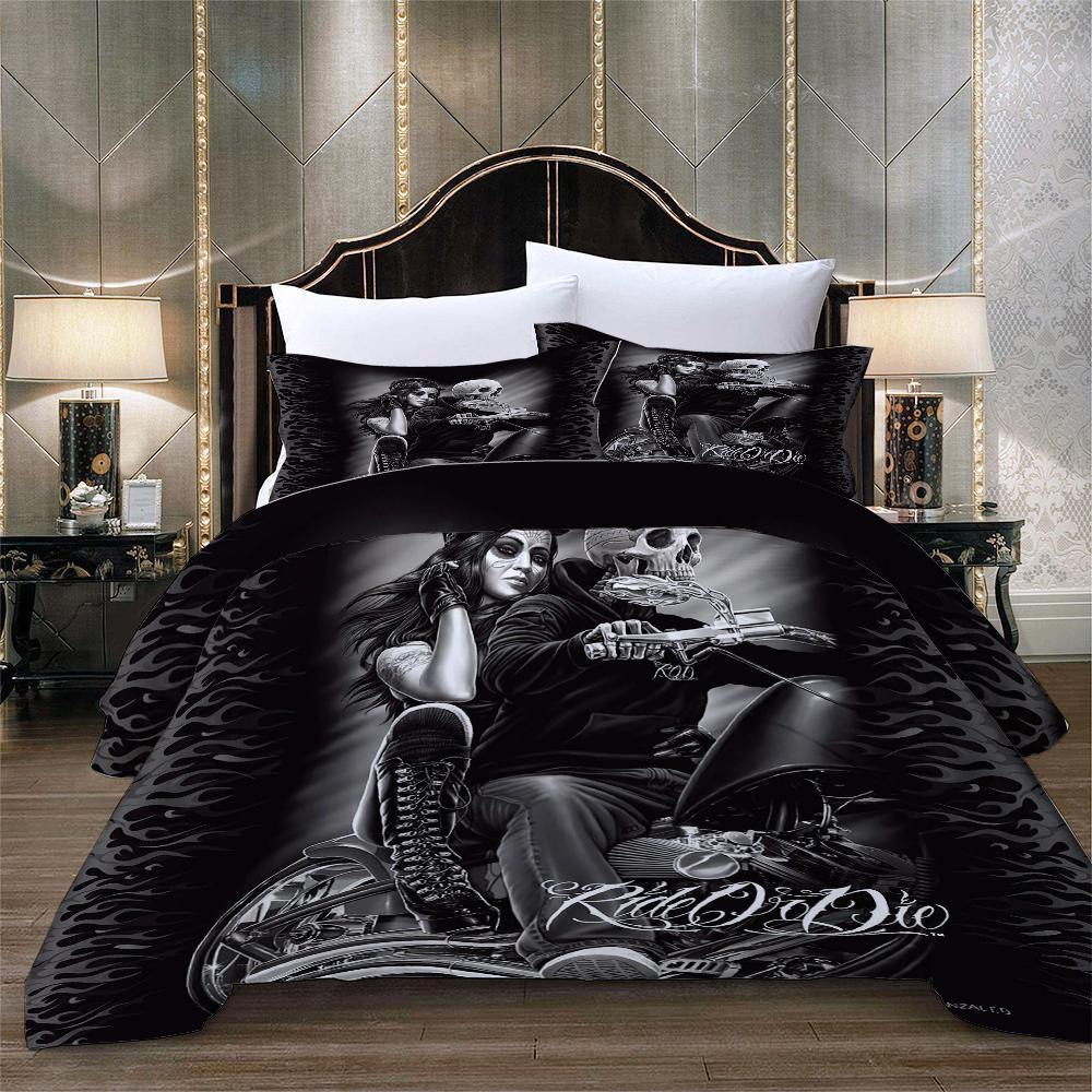 WONGS BEDDING dark style skull rider print bedding bedroom household goods - Wongs bedding