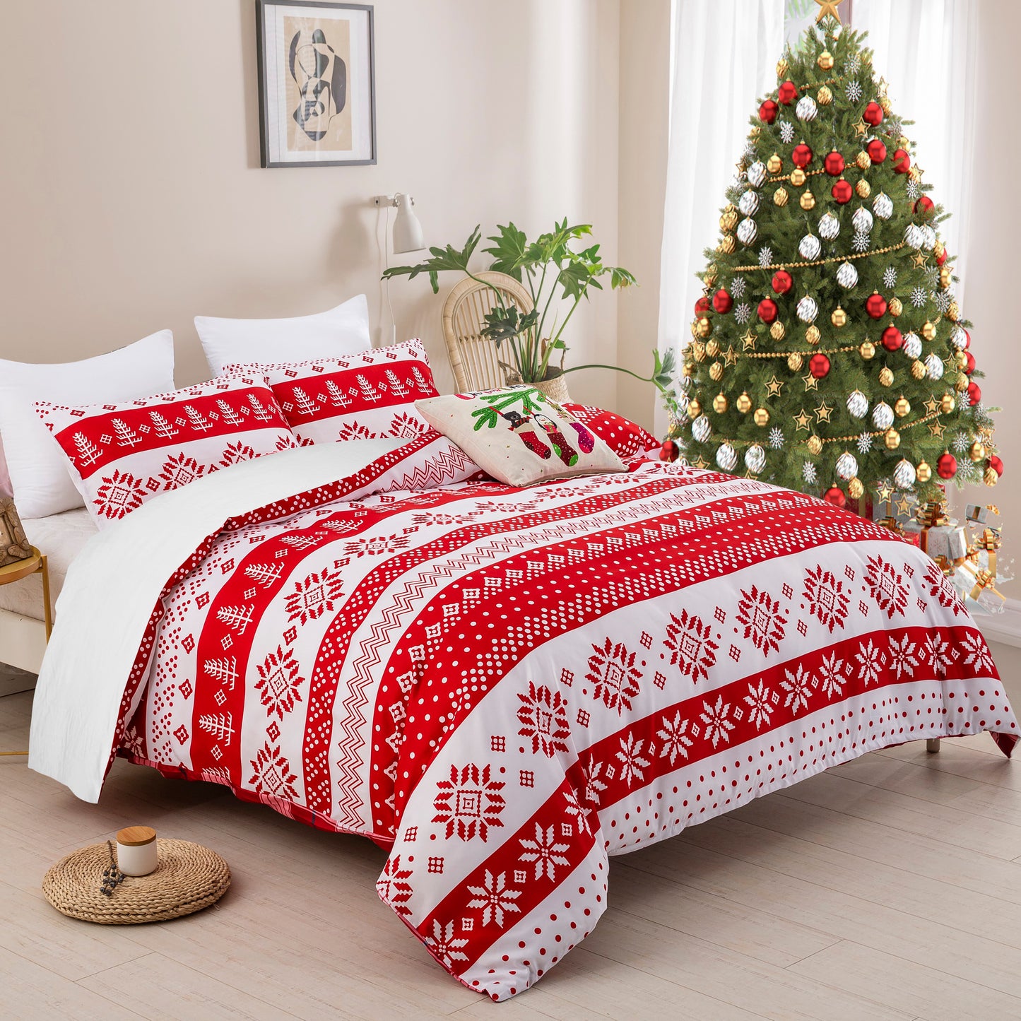 WONGS BEDDING Christmas Elements Style Red Duvet Cover Pillowcase Set
