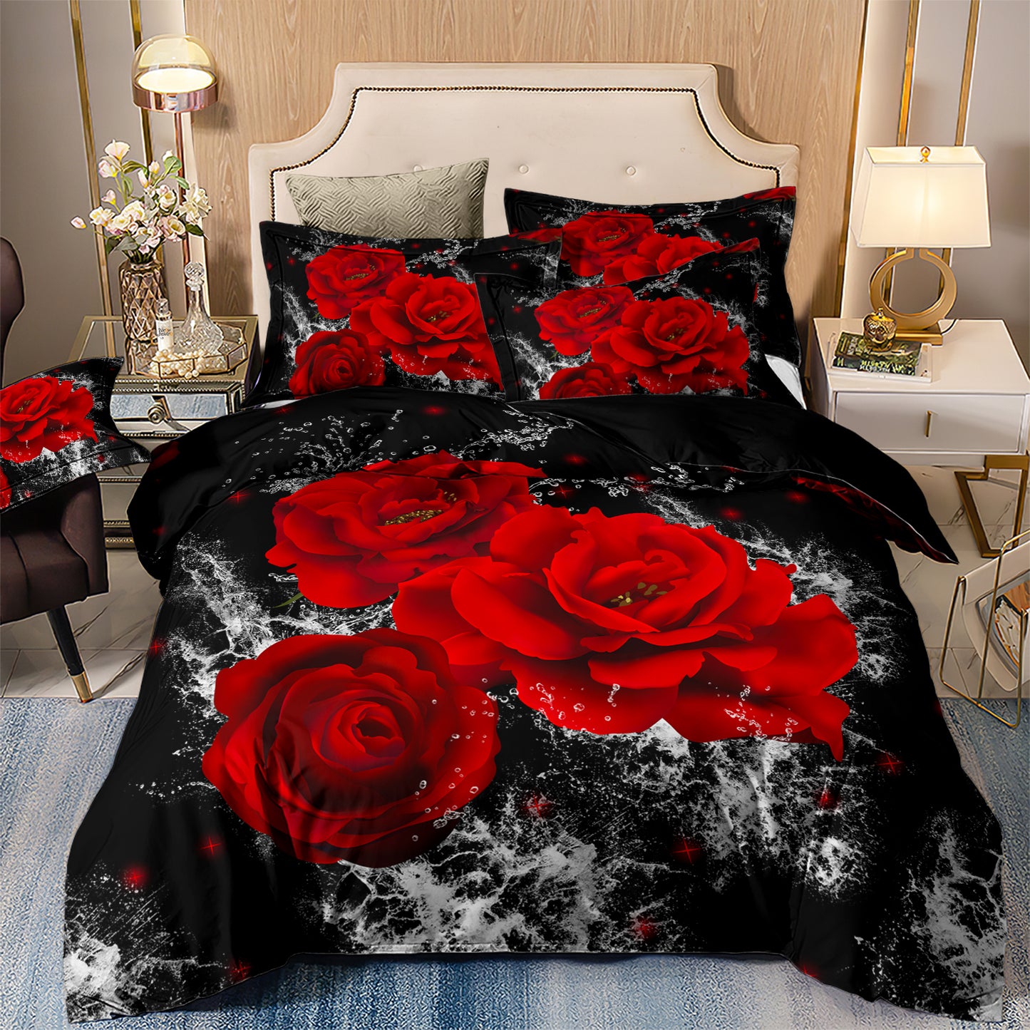 Red Rose Duvet Cover 4 Pieces Set With 2 Pillowcases