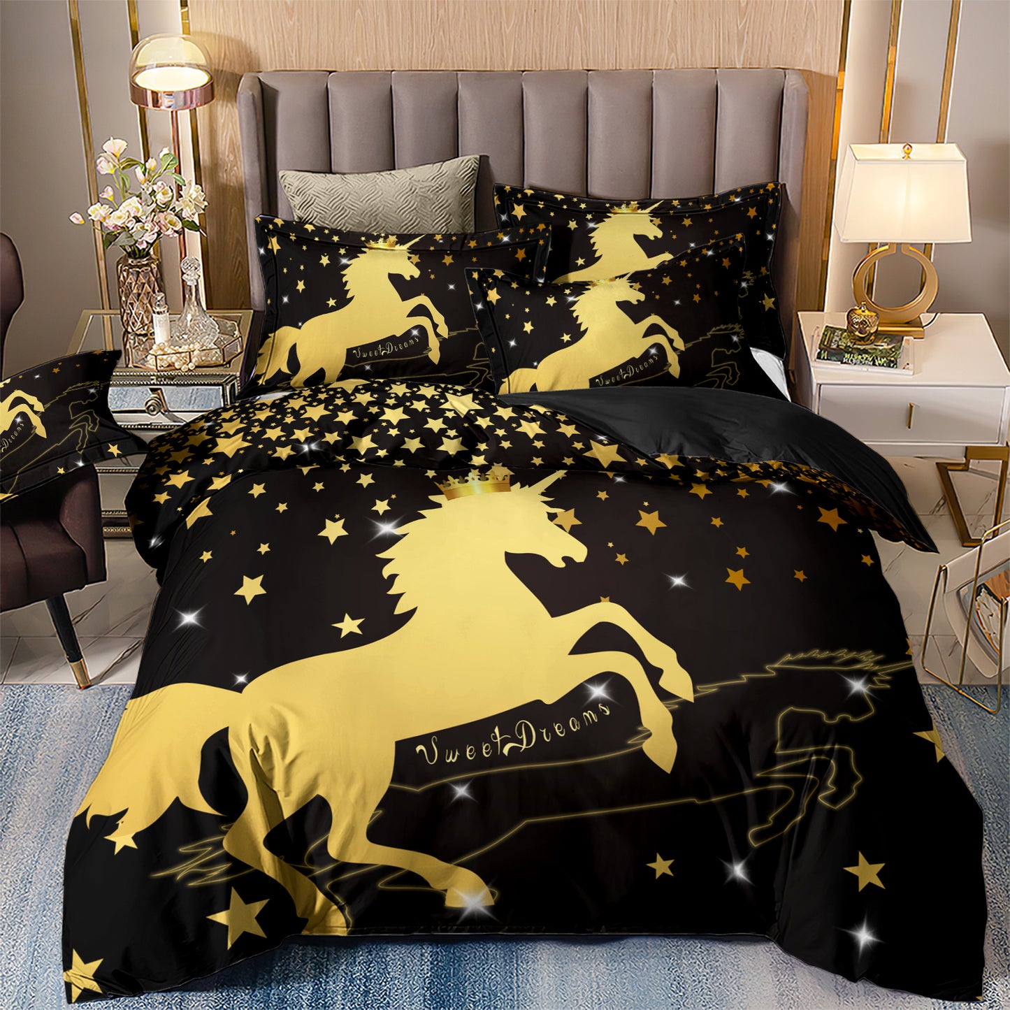 Golden Horse Duvet Cover with 2 Pillow cases