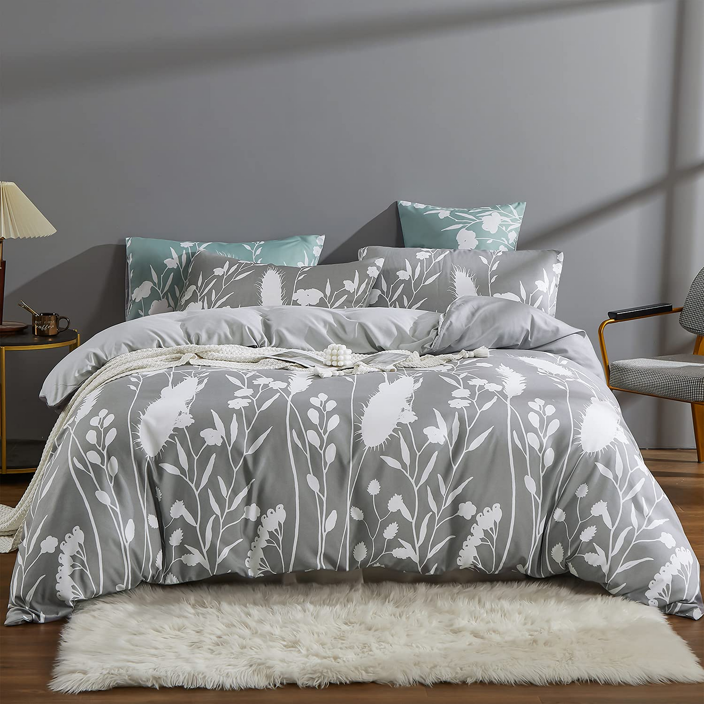 Grey Plant Pattern Comforter set 3 Pieces Bedding Comforter with 2 Pillow Cases